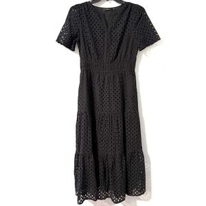 ZESICA Black Eyelet Maxi Dress Short Sleeve Smocked Waist Tiered Boho Size M